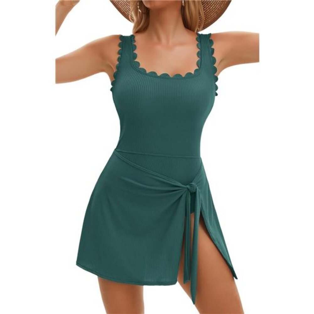 One Piece Light Green Swim Dress Scalloped Square Neck Modest Swimsuits